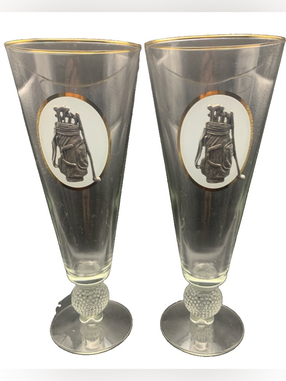 Pre Owned Pilsner Beer Glass Pewter Golf Bag Gold Accent Golf Ball Stem Lot of 2